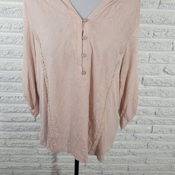 Democracy Womens Top XL Roll Tab 3/4 Sleeve Pink Embroidered Ric Rac PIN35E - Picture 4 of 9